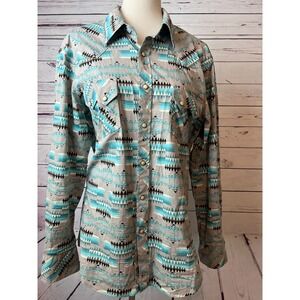 Rock and Roll‎ Denim Shirt Western Medium Mens Aztec Pearl Snap Modern Fit Gray